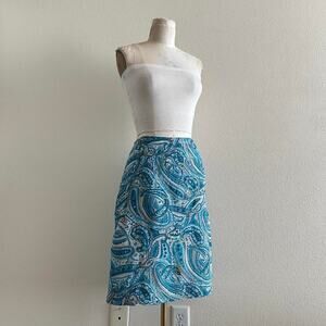 Vintage blue paisley print 100% silk midi skirt